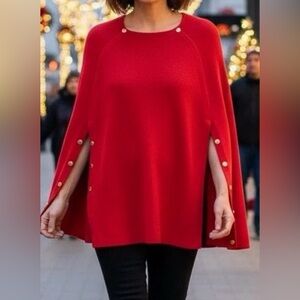 Chico's Sweater Red Knit Cape Poncho Gold Button Accents L/ XL Date Night